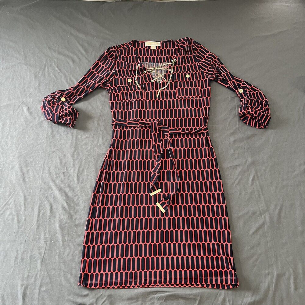 Michael Kors Coral Rose Red Blue Dress Gold Chain Accent - Picture 3 of 9